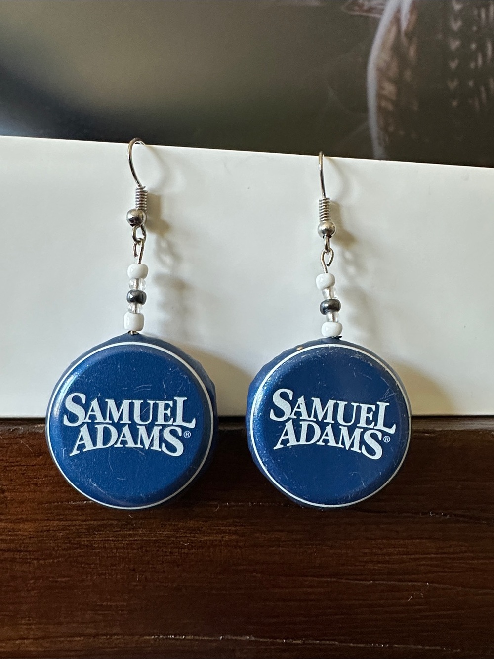 *SAMUEL ADAMS* Handmade Blue x White Beer Bottle Cap Brewery Dangle Earrings